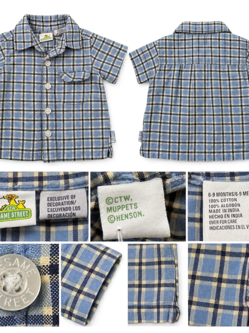 Vintage Sesame Street Blue Plaid Short-Sleeve Button-Up Shirt